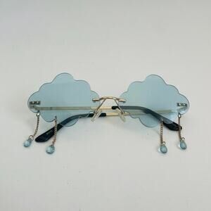 Blue Cloud Dangling Gold Chain Raindrop Crystal Charm Statement Sunglasses